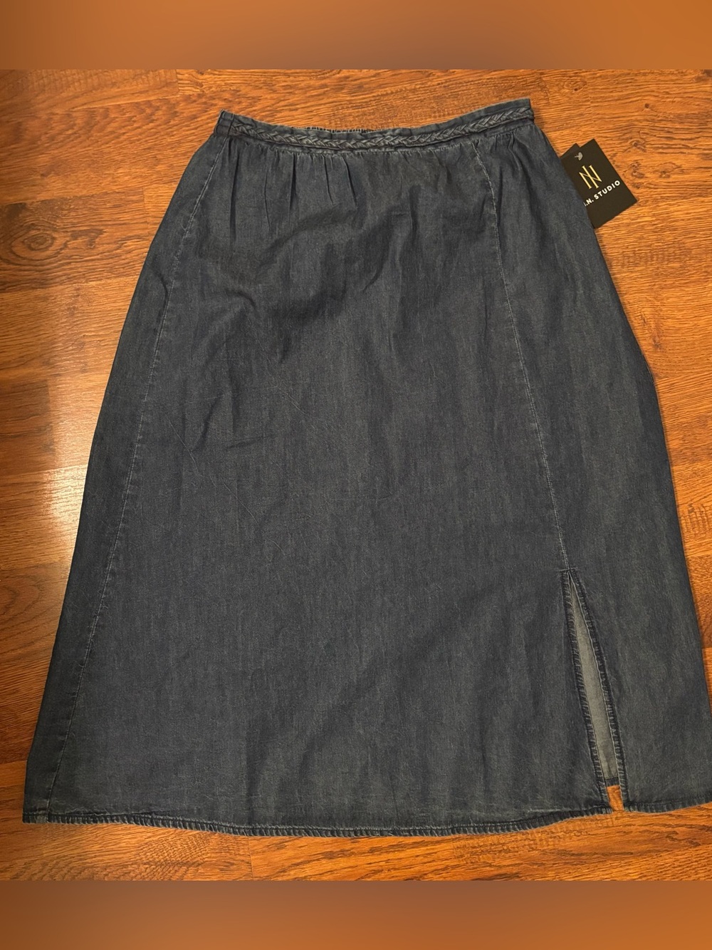 I.N. Studio Dark Blue Denim Midi Skirt with Side Slit